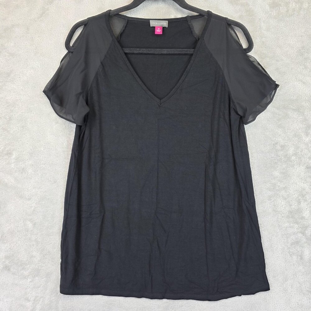 Vince Camuto Shirt Womens XS Black Cold Shoulder Sheer Sleeve V Neck Top